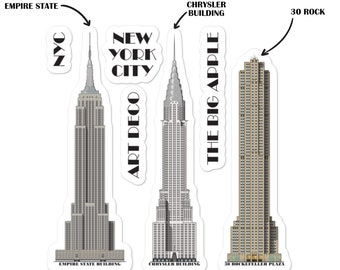 Puede incluir: Conjunto de tres pegatinas de edificios Art Deco con el Empire State Building, el Chrysler Building y el 30 Rock. Cada pegatina presenta una ilustración detallada del edificio con su nombre impreso debajo.