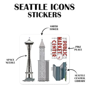Könnte beinhalten: Ein Set mit fünf Seattle-Landmark-Aufklebern, darunter das Space Needle, der Smith Tower, der Pike Place Market und die Seattle Central Library. Die Aufkleber sind weiß mit schwarzen Umrissen und zeigen eine Vielzahl von Farben.