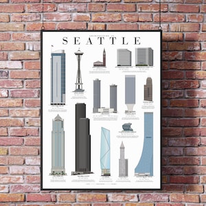 May include: A black and white poster with the title "Architecture in Seattle". The poster features illustrations of famous buildings in Seattle, including the Space Needle, the Columbia Center, and the Smith Tower.