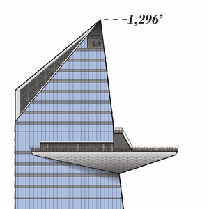 May include: A side view of a tall, modern building with a glass facade. The building has a unique design with a large, flat roof that extends out over the side of the building. The building is 1,296 feet tall.