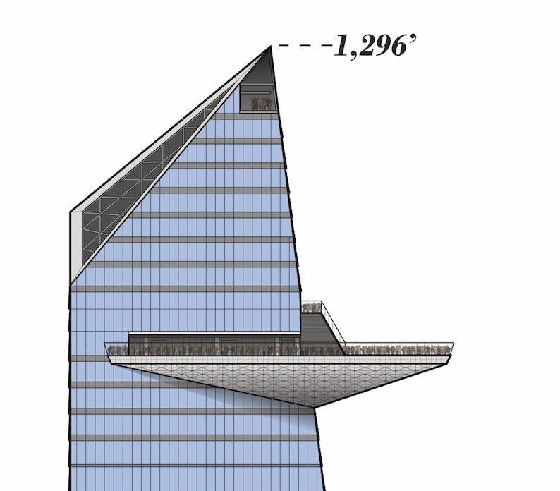 May include: A side view of a tall, modern building with a glass facade. The building has a unique design with a large, flat roof that extends out over the side of the building. The building is 1,296 feet tall.