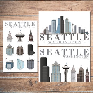 May include: Three Seattle, Washington art prints featuring illustrations of the city's skyline and iconic buildings. Each print displays the city's name and the year 1851. The prints showcase a variety of architectural styles in shades of gray, blue, and brown.