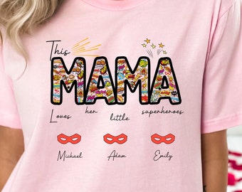 Personalized Superheroes Mama T-Shirt, Custom Names, Mother's Day Gift