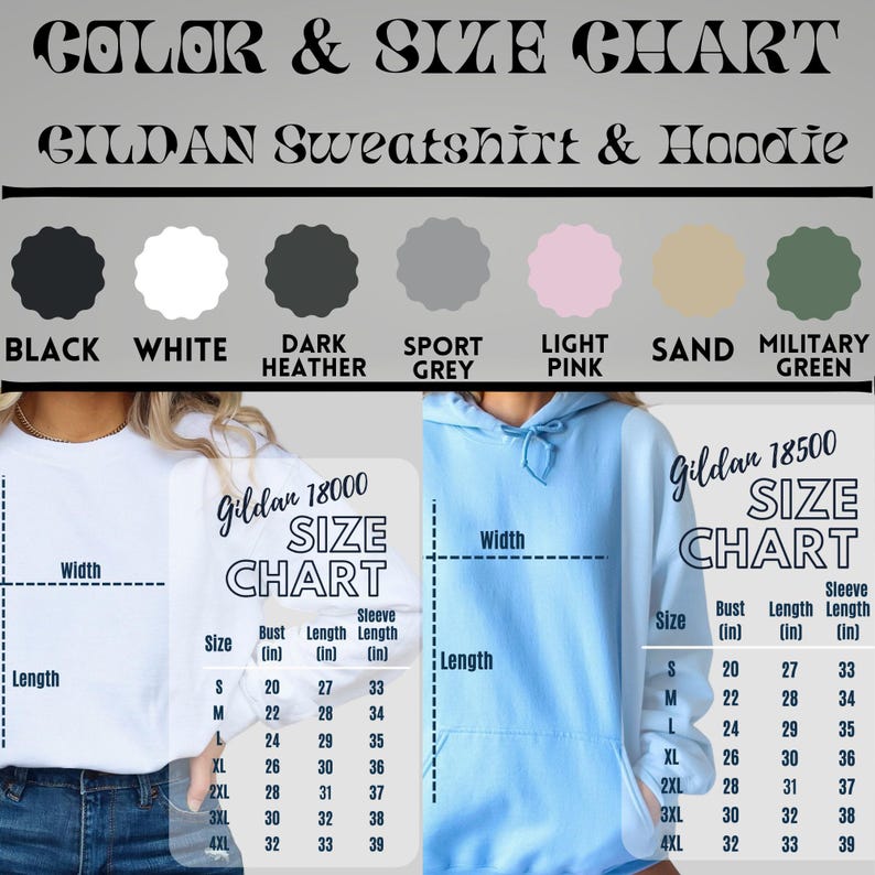K&ouml;nnte beinhalten: Gr&ouml;&szlig;entabelle f&uuml;r Gildan 18000 und 18500 Sweatshirts und Hoodies. Die Tabelle zeigt die Ma&szlig;e in Zoll f&uuml;r Brustumfang, L&auml;nge und &Auml;rmell&auml;nge f&uuml;r die Gr&ouml;&szlig;en S bis 4XL.