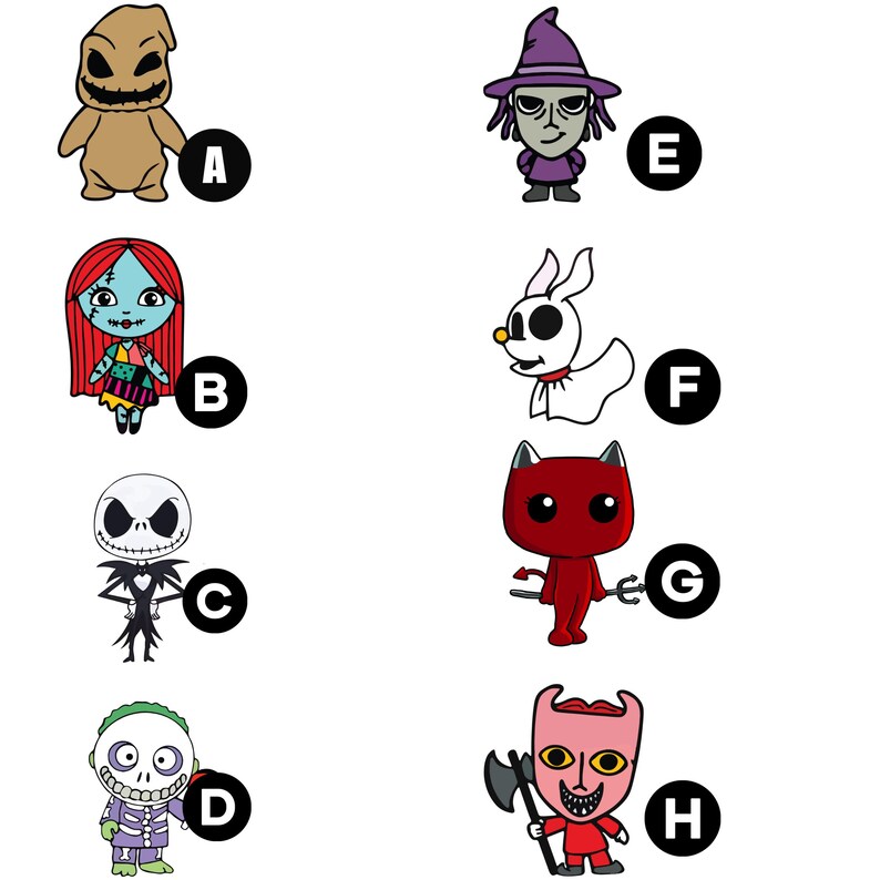 K&ouml;nnte beinhalten: Ein Set mit 8 Aufklebern von Figuren aus Nightmare Before Christmas. Die Aufkleber zeigen Jack Skellington, Sally, Oogie Boogie, Zero, den B&uuml;rgermeister, Lock, Shock und Barrel. Die Aufkleber sind alle im Cartoon-Stil gehalten und perfekt, um deinen Bastelarbeiten oder Projekten eine gruselige Note zu verleihen.