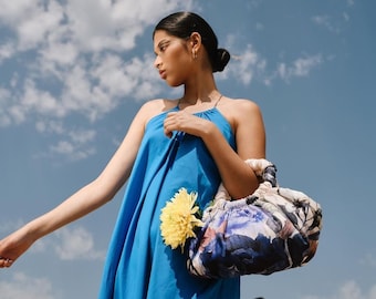 Blooming Bag, Beige-Blue for Women Gift Mother Gift Casual Women Bags, Handbag, Hobo Bag, Women Handbag
