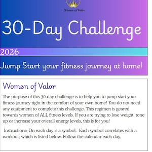 Puede incluir: Gráfico de desafío de fitness con el texto "30-Day Challenge" en escritura blanca sobre un fondo degradado azul y morado. También se incluye el texto "Jump Start your fitness journey at home!". El gráfico es de "Women of Valor".