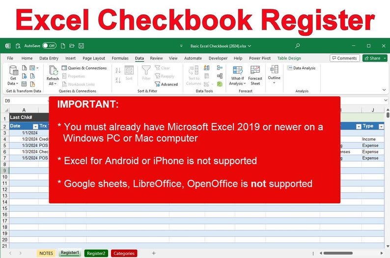 Excel Checkbook Register Download - Etsy