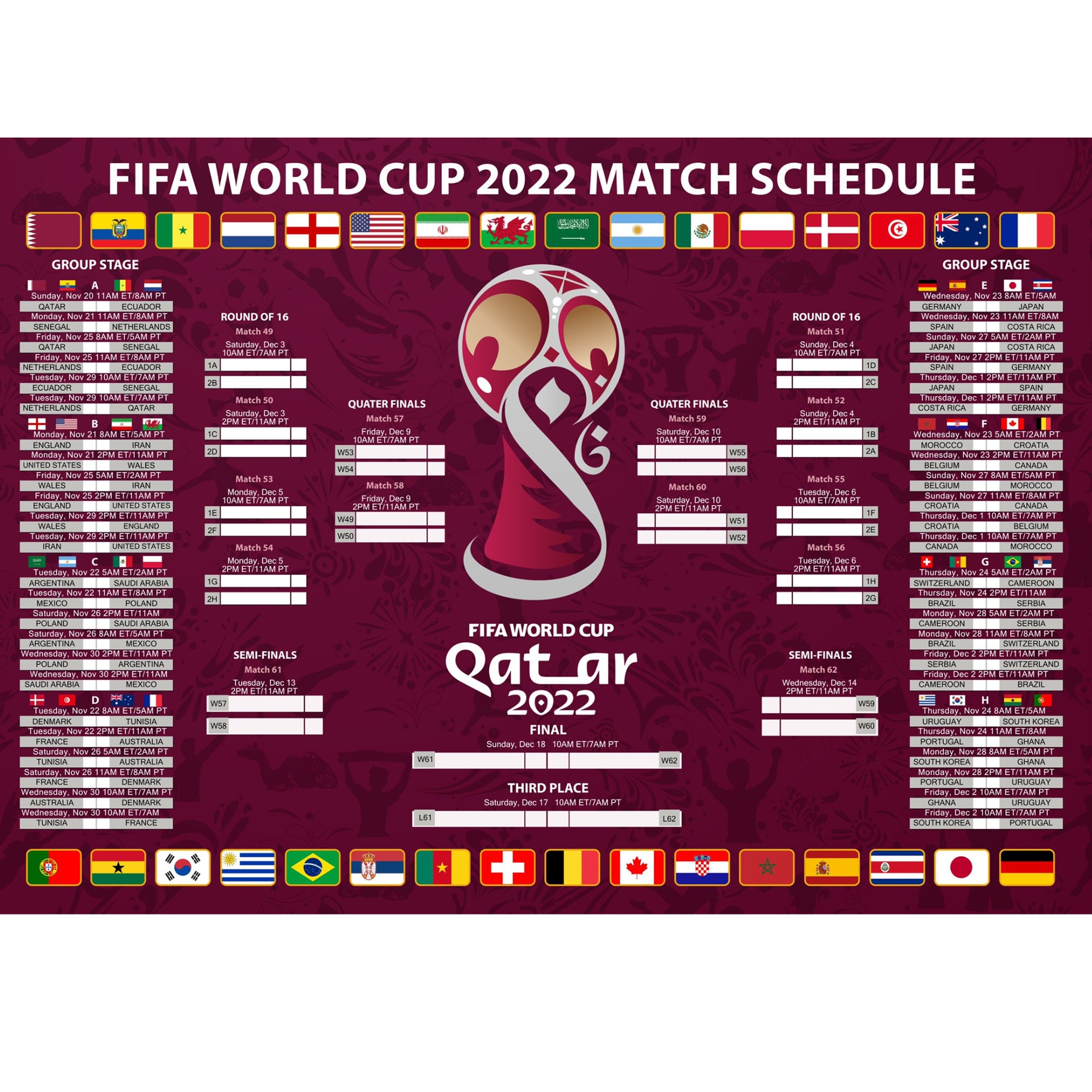 Qatar 2022 World Soccer Football Cup Game Wall Chart Poster World 