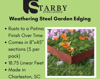 May include: Weathering steel garden edging, rusts to a patina finish over time. Comes in 8"x45" sections (5 per pack), 18.75 linear feet. Made in Charleston, SC.