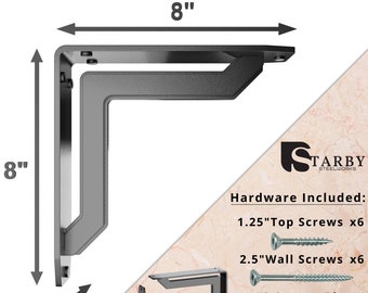 May include: Two black metal shelf brackets, each measuring 8 inches by 8 inches by 2 inches. The brackets are shown with mounting hardware, including screws, a square bit, and screw caps.