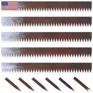 May include: Five rusty metal strips with jagged edges and six rusty metal spikes. The strips are approximately 30 cm long and the spikes are approximately 10 cm long.