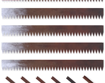 May include: Five rusty metal strips with jagged edges and six rusty metal spikes. The strips are approximately 12 inches long and the spikes are approximately 4 inches long.