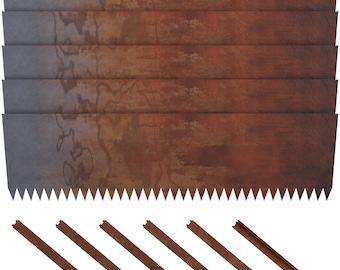 May include: A set of six rusty brown metal garden edging pieces with a saw-tooth edge and six matching stakes. The edging pieces are rectangular with a weathered appearance. The stakes are pointed and designed to secure the edging.