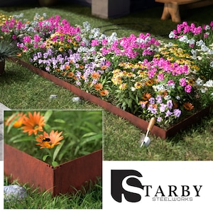 May include: A rusty brown metal edging surrounds a flower bed filled with pink, white, and yellow flowers. The edging is labeled "Starby Steelworks".