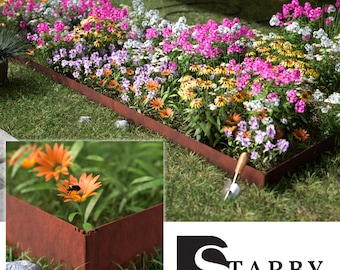 May include: A rusty brown metal edging surrounds a flower bed filled with pink, white, and yellow flowers. The edging is labeled "Starby Steelworks".