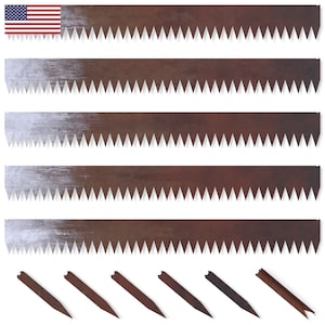 May include: Five rusty metal strips with jagged edges and six rusty metal spikes. The strips are approximately 12 inches long and the spikes are approximately 4 inches long.