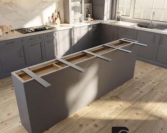 May include: A close-up of a gray kitchen island with four metal brackets supporting the countertop. The island is in a modern kitchen with gray cabinets and a white countertop.