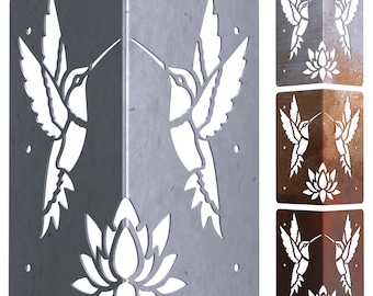 May include: Metal wall art featuring two hummingbirds in flight, facing each other, with a stylized lotus flower below. The art is available in three finishes: silver, copper, and rusted.