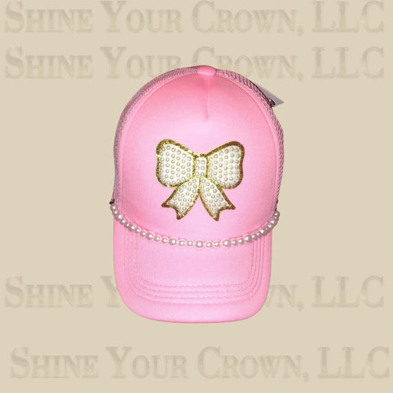 Pink Trucker Hat with Gold Crown and Embellishments Pearl Chain & Ivy Trucker Hat – Label Armoire Greek Edition main image 4