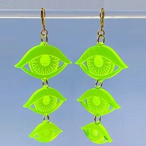 Large Eyes Earrings Neon Fluorescent Acrylic Evil Eye Pierced or Clip-on Christmas Gifts for Her Birthday Lover Daughter Bff Festival Rave Neon Green