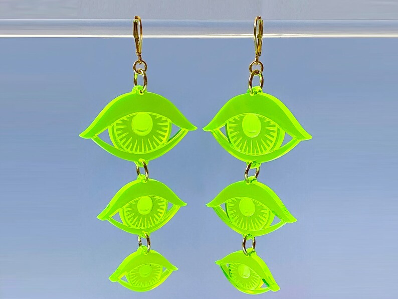 Large Eyes Earrings Neon Fluorescent Acrylic Evil Eye Pierced or Clip-on Christmas Gifts for Her Birthday Lover Daughter Bff Festival Rave Neon Green