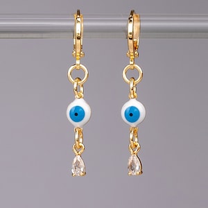 Eyeball and Teardrop Huggie Earrings | Evil Eye Dainty Hoop Drop Earring 18K Gold Plated | Handmade Gift | Minimalist Nazar Earrings
