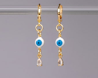 Eyeball and Teardrop Huggie Earrings | Evil Eye Dainty Hoop Drop Earring 18K Gold Plated | Handmade Gift | Minimalist Nazar Earrings