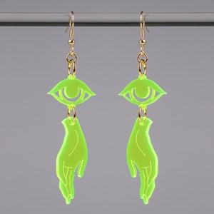 Small Hand Eye Earrings Neon Fluorescent Acrylic Hamsa Pierced or Clip-on Christmas Gifts for Birthday Bff Festival Rave