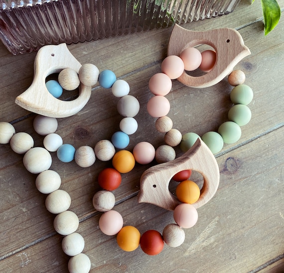Silicone/wood Baby Rattle Rings BIRDS Etsy