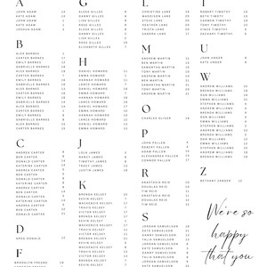 May include: A black and white seating chart with the names of guests listed alphabetically by last name. The chart is titled "All of our favourite people..." and includes the names of the bride and groom.