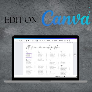 May include: A laptop computer screen displaying a wedding seating chart with the text "All of our favourite people..." and a list of names organized alphabetically by last name. The screen is open to the Canva website.