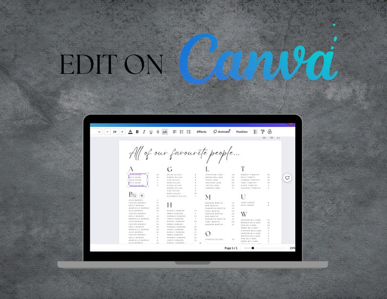 May include: A laptop computer screen displaying a wedding seating chart with the text "All of our favourite people..." and a list of names organized alphabetically by last name. The screen is open to the Canva website.