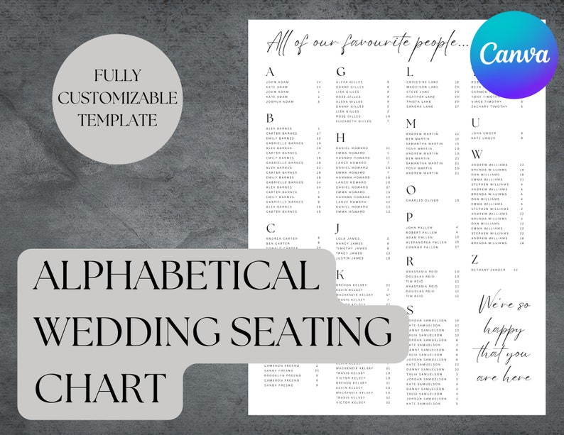 May include: A black and white wedding seating chart with the text "All of our favourite people..." at the top. The chart is organized alphabetically by last name and includes table numbers.