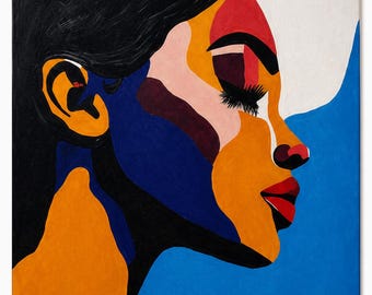 Peut inclure: Une peinture sur toile carrée représentant le profil d'un visage rendu par des blocs de couleurs abstraits et audacieux. La composition présente des teintes vives d'orange, de bleu profond, de noir, de rouge et de rose pâle.