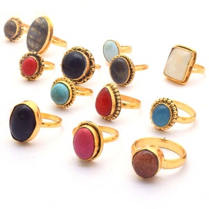 Natural Multi Color Moonstone, Labradorite, Tiger Eye, Agate and Jasper Mix Gemstone Rings, Gold Plated Wholsale Ring Lot for Men and Women image 1