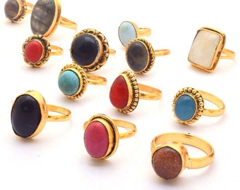 Natural Multi Color Moonstone, Labradorite, Tiger Eye, Agate and Jasper Mix Gemstone Rings, Gold Plated Wholsale Ring Lot for Men and Women