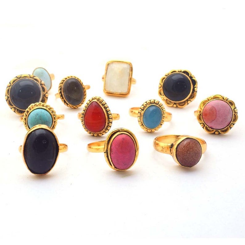 Natural Multi Color Moonstone, Labradorite, Tiger Eye, Agate and Jasper Mix Gemstone Rings, Gold Plated Wholsale Ring Lot for Men and Women image 2