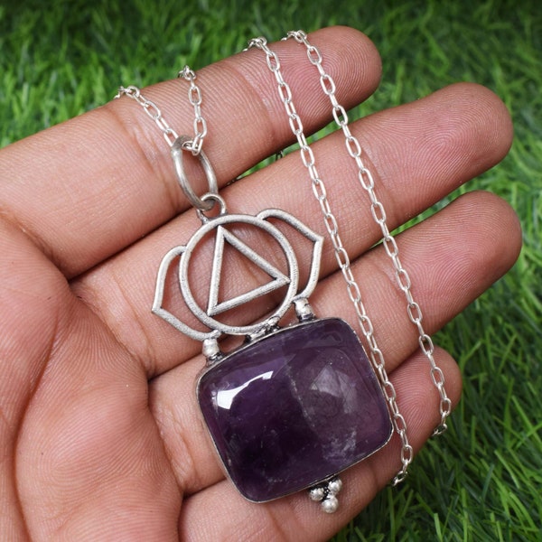 Amethyst 925 Sterling Silver Minimalist Necklace Pendant For Women, Handmade Solid Silver Pendant, Birthstone Pendant, Wire Pendant. NS.1