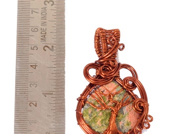 Un pendentif en cuivre Unakite de grande taille de qualité unique en fil de cuivre enveloppé de pierres précieuses pendentif en cuivre pendentif design cadeau pour sa mère. HK.1