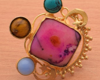 Turchese multicolore, Druzy in titanio, anelli con pietre preziose miste Anello fatto a mano placcato in oro Anello multiplo Desige e forma per uomo e donna BNL