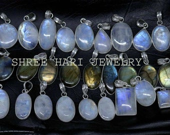 Natural Blue Fire Moonstone and Labradorite Mix Gemstone Pendant, Silver Plated Handmade Pendant, Multiple Design Pendant, for Men & Women
