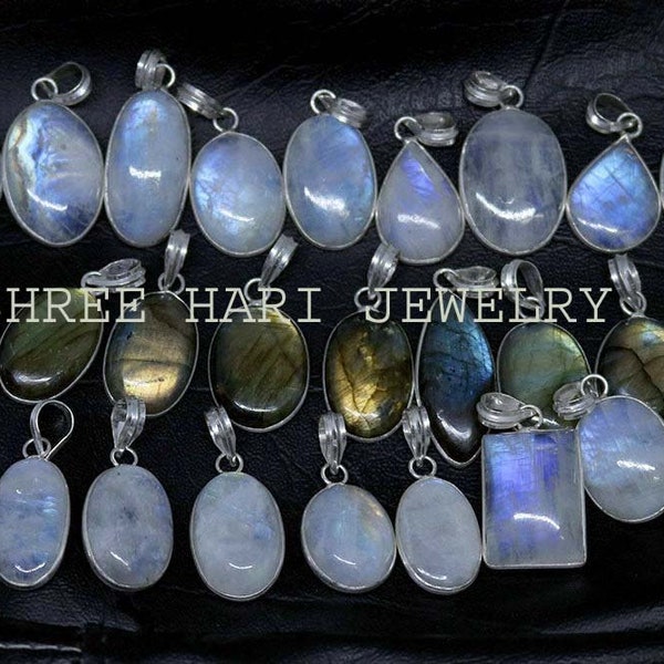 Natural Blue Fire Moonstone and Labradorite Mix Gemstone Pendant, Silver Plated Handmade Pendant, Multiple Design Pendant, for Men & Women