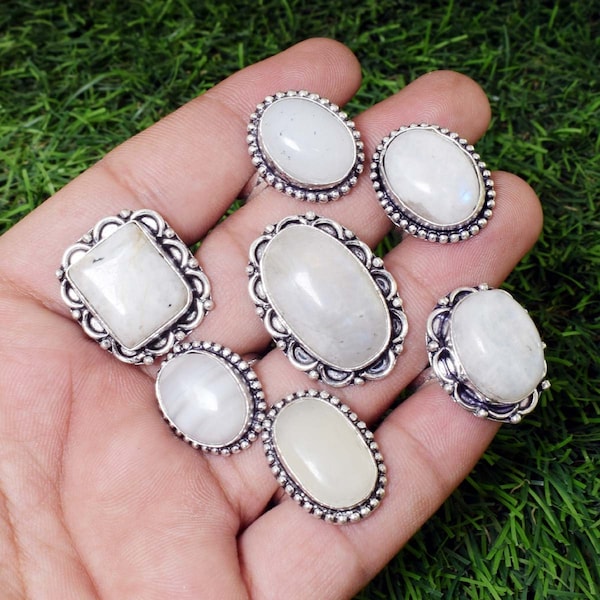 Gypsy Ring Bohemian ring Silver Rings, Hippie Ring Boho Jewelry Silver Plated Natural MoonStone Gemstone Rings Ethnic Rings Tribal Rings