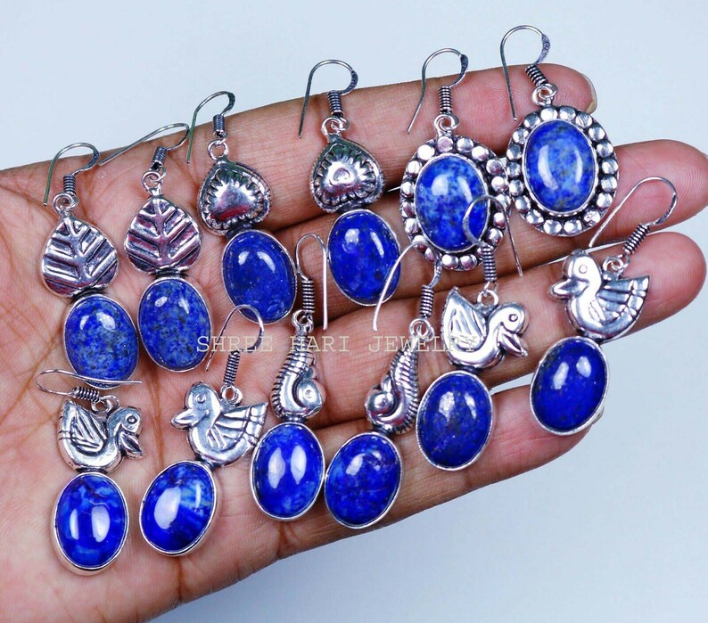 Orecchino di pietre preziose di lapislazzuli blu naturale, orecchino fatto a mano placcato argento, orecchino di design multiplo, per Grils & Women immagine 4