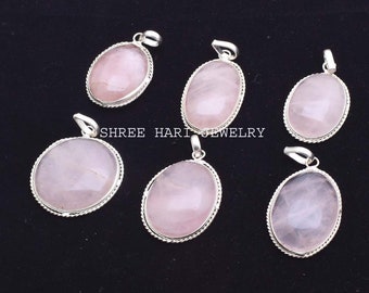 Natural Pink Rose Quartz Gemstone Pendant, Silver Plated Handmade Pendant, Multiple Desig Pendant, for Men & Women