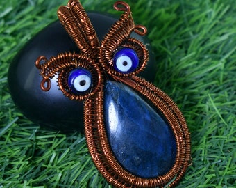 Lapis lazuli pendentif fil de cuivre enveloppé pendentif bijoux faits à la main bleu couleur mauvais œil pendentif hibou pendentif pierre précieuse cuivre bijoux cadeau