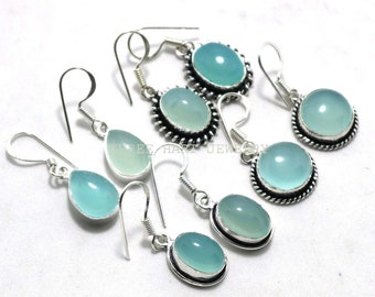 Natural Blue Chalcedony Gemstone Earring, Silver Plated Handmade Earring, Multiple Design Earring, for Gril's & Women