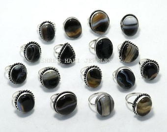 Anello con pietre preziose di agata Montana naturale marrone e nero, anello fatto a mano placcato in argento, design multiplo e anello a forma mista per uomini e donne
