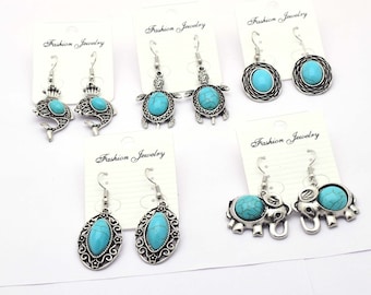 Blue Turquoise Gemstone Wholesale Lot Earring, Silver Plated Handmade Earring, Multiple Designe Earring, for Girl's & Women